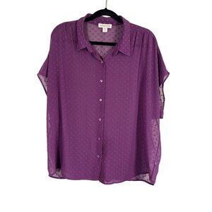 Coldwater Creek Top Women L Purple Collar Neck Sheer Heart Embroidery Feminine